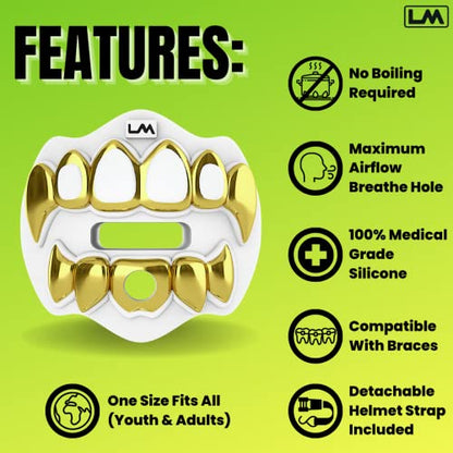 Loudmouth Football Mouth Guard - 3D Chrome Grillz Football Mouthpiece, Fits Adult & Youth, Mouth Guard Accessories (3D Grillz - Chrome White/Gold) - color: 3d Grillz - Chrome White/Gold