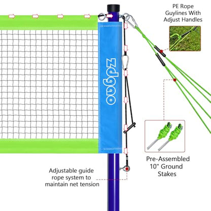 Zdgao Badminton Sets for Backyard, Portable Badminton Net with Tension Adjuster, Badminton Racket Set of 4, 3 Nylon Shuttlecocks, Boundary Line and Carry Bag for Backyard Beach Family Games - color: BLUE&GREEN