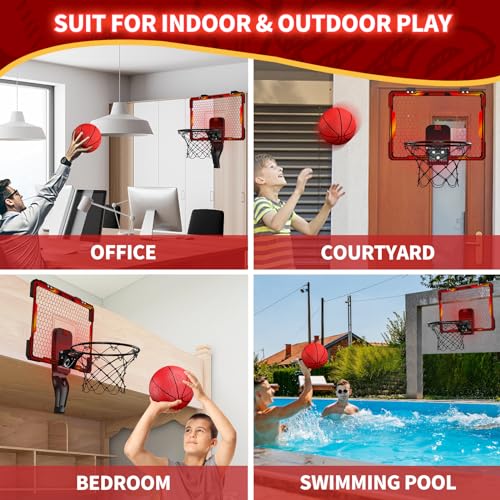 HYES Basketball Hoop Indoor, Mini Basket Ball Hoop with 7 LED Lighting, Scoreboard, Over Door Basketball Hoop with 3 Modes, Volume Adjustable, Foldable, Basketball Toys Gifts for Kids Adults - size: red- without remote controller