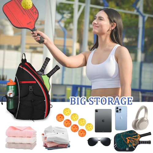 Goloni Pickleball Sling Bag for Men Women, Lightweight Pickleball Backpack with Fence Hook - color: Black Red