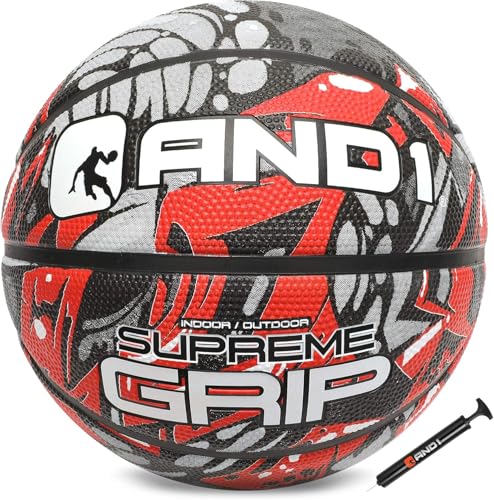 AND1 Supreme Grip Official Regulation Size 7 (29.5 inches) Rubber Basketball - Deep Channel Construction Streetball, Made for Indoor Outdoor Games - color: Red/Grey