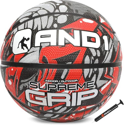 AND1 Supreme Grip Official Regulation Size 7 (29.5 inches) Rubber Basketball - Deep Channel Construction Streetball, Made for Indoor Outdoor Games