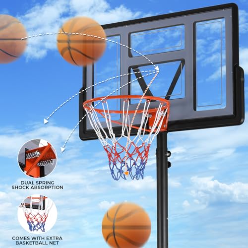 4.4-10ft Adjustable Height Basketball Hoop Outdoor, Portable Basketball Goal, 44in Shatterproof Backboard, Fillable Base, 2 Portable Wheels for Backyard/Indoor, for Kids/Teenagers/Adults