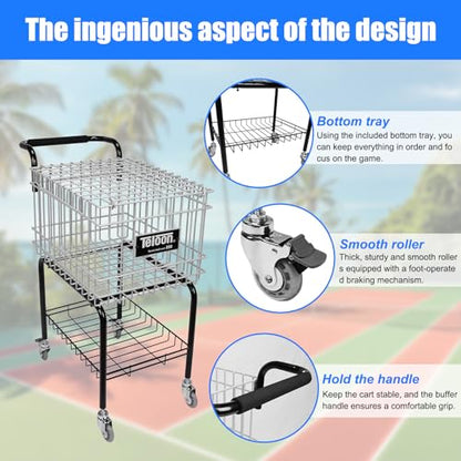 Training Ball Pickup Basket Holds 350 Balls Large Capacity Wheeled Tennis Ball Hopper for Tennis/Pickleball/Baseball/Softball