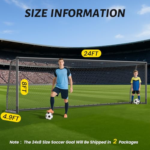 NAIZEA Soccer Goals - 24x8/21x7/18x7/12x6/16x7/10x6/8x6/6x4FT Soccer Goals for Backyard Training- Portable Metal Soccer Net for Youth & Adults - Heavy Duty Steel for Indoor Outdoor Games & Practice - size: 24ft x 8ft, style: Pro-Grey/Alu