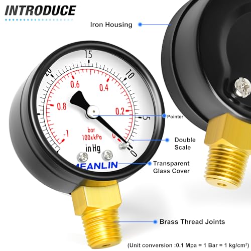 -30inHG~0Psi Dry Vacuum Pressure Gauge, 2" DIAL FACE 1/4" NPT WOG Water Oil Air Pressure Test, Lower Mount, with 1/2" NPT and 3/8" NPT Hex Bushing - size: -30inHG-0Psi, style: 1/4"NPT Lower Mount