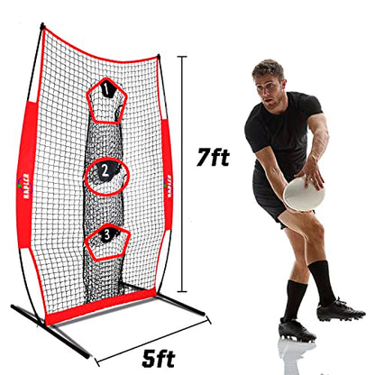 Kapler Football Throwing Net - 5X7 FT Portable 3 Target Pocket Passing Trainer with Football Tee Stand - Quarterback Accuracy Improving for Youth and Adults Backyard Drills