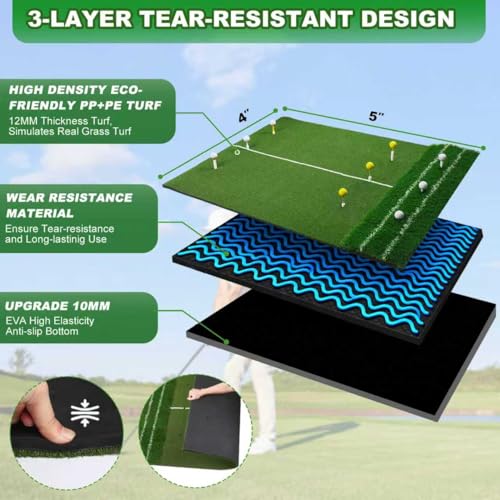 Golf Hitting Mat,Golf Mat for Practice Indoor/Outdoor, High-Elasticity Artificial Turf Mat, Portable Golf Swing Training Mat for Garage Simulator Chipping Driving Training - size: 5x4FT-22MM, style: 5x4ft Golf Dual Mat