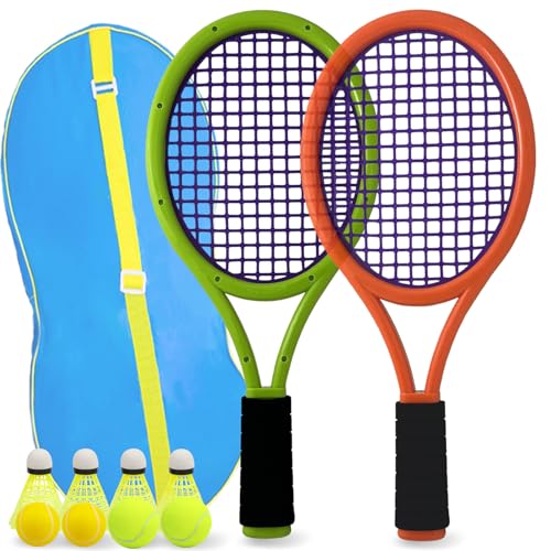Kids Tennis Racket 17 Inch Lightweight for Junior Toddlers - Includes 2 Tennis Balls, 2 Sponge Balls, 4 Shuttlecocks & Carry Bag - color: Dark Orange & Green