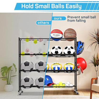 Mythinglogic Basketball Rack, Ball Storage with Baseball Bat Holder, Rolling Ball rack with Removable Nylon Mesh for Various Ball Sizes, Basketball Holder for Football Basketball Soccer Ball