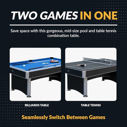 Hathaway Maverick 7 Foot Pool Table with Table Tennis Top – with Accessories for Both Games – Space-Saving Ping Pong and Pool Table Combo for Families – Matte Black Finish - color: Black with Blue Felt