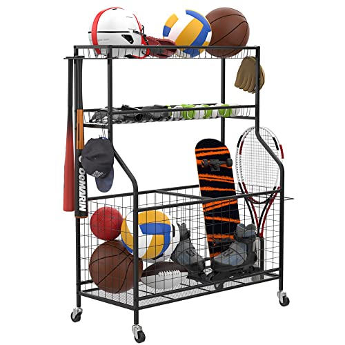 WALMANN Garage Ball and Sports Equipment Organizer, Ball Storage Rack Indoor/Outdoor Kids Balls/Toys Storage Stand, Rolling Ball Cart