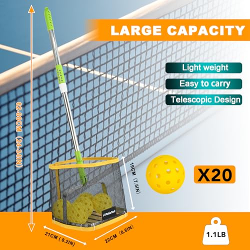 PICKLETECH Pickleball Ball Picker Upper - Tennis Balls Hoppers, 20-Ball Large Capacity | 24-34" Telescopic Stainless Steel Handle | Lightweight Portable for Outdoor Courts Clearance