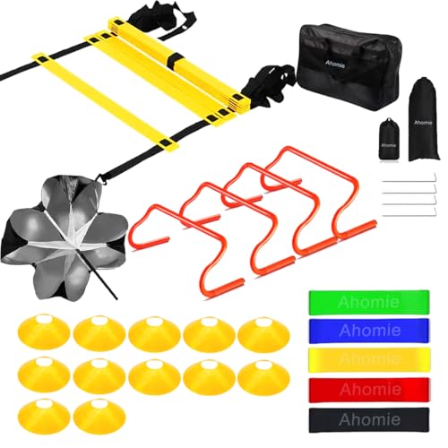 Agility Speed Training Equipment Set, 20ft Speed Ladder, 4 Hurdles, 12 Speed Cones, Ankle Bands, Resistance Chutes, Running Parachute Basketball Football Soccer Training Equipment