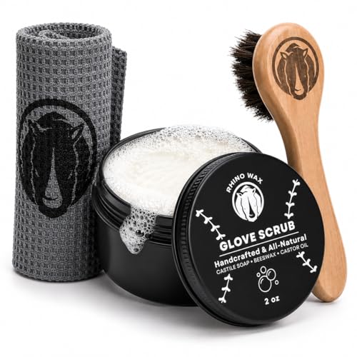 Rhino Wax - Baseball Glove Scrub Kit - Deep Cleans Base Ball or Softball Gloves with Powerful Scrubbing Formula - Kit Includes Scrub, Brush, and Microfiber Cloth in a Convenient Canvas Bag - USA Made - size: Scrub Kit