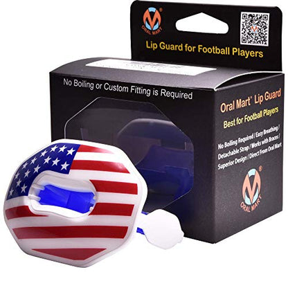 Oral Mart Flag Football Mouth Guard with 3D LipFit Design for Kids - Youth Football Mouthguard (No Boil) Cool Instant Fit Lip Guard Mouthpiece for Braces (Detachable Helmet Strap Included) - color: American Flag