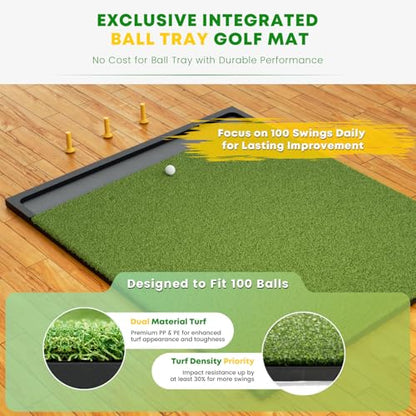 Integrated Golf Hitting Mat with Ball Tray, Thickening Golf Mats Practice Outdoor & Indoor Artificial Turf Matt with 3 Tees - size: 6' x 4' (L x W)