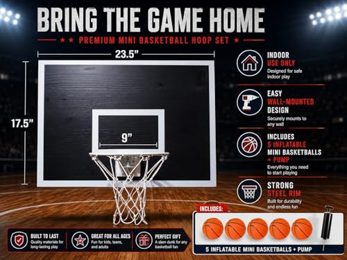 CALIKIWIPROS Mini Basketball Hoop Set Pro League Decorative Solid Wood Wall Mount, Includes 9’ Hoop & 5 mini Basketballs, Classic Look with Colors Matching Some pro Teams. - style: Black White