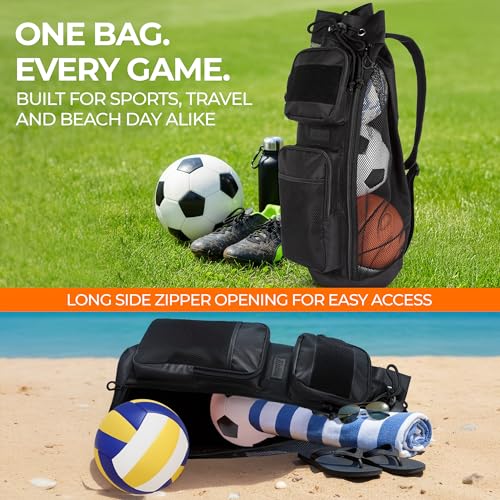 Fitdom 47L Heavy Duty Mesh Equipment Ball Bag w/Adjustable Padded Sling Shoulder Strap Design for Coach. 3 Different Size Compartments. Perfect for Soccer Football Volleyball Basketball & Water Sports