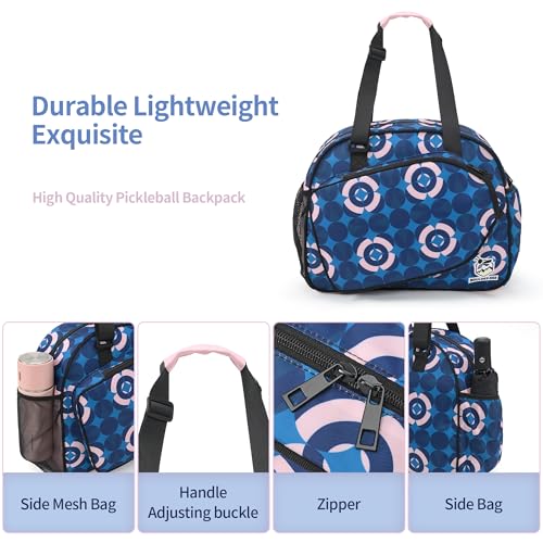 Boulder Bee Pickleball Bags, Premium Pickleball Tote Bag for Girls, Women’s Hand/Shoulder Gym Bag w Water Bottle Holder, with Pickleball Racquet/Paddle Holder - color: Blue and Pink