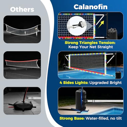 Pool Volleyball Net Set with Solar LED Lights, Adjustable 15-32ft Water Volleyball Net for Inground Pools with Glow Ball, Pump & Weighted Bases, Outdoor Pool Games for Kids Adults Family
