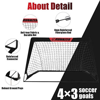L RUNNZER Kids Soccer Goal, Pop Up Soccer Goal Net for Backyard, Set of 2 with Portable Carrying Case - color: Black, style: 4'x3', 2 Set