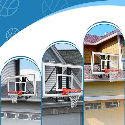 Roof Mounted Basketball Hoop Garage Includes 48" Or 60'' Crystal-Clear Tempered Glass Backboard, Durable Steel Universal Bracket and Double Spring Breakaway Rim with Net - size: 60"x36"