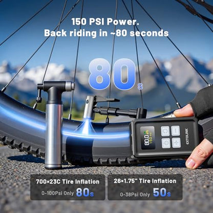 Mini Bike Tire Pump - 20s Fast Inflate Electric Bike Pump with Gauge, Max 150PSI Electric Air Pump with Presta & Schrader Valve for Road Bike, Mountain Bike, Electric Bike