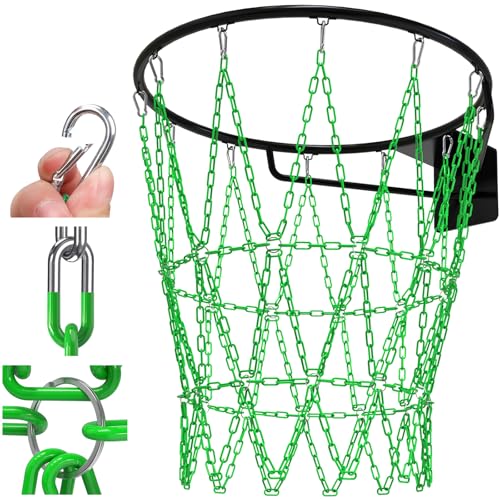 Insaga Chain Basketball Net Heavy Duty Metal - 19'' Basketball Chain Net for Hoop Outdoor Indoor Replacement, Rustproof Steel Chain Net for Standard 12-Loop Rim, Easy to Install - color: Green A