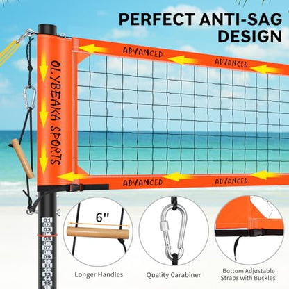 Professional Volleyball Net Set for Outdoor Fun with Adjustable Aluminum Poles, Upgraded Anti-sag Net, PU Volleyball, Boundary Line, Large Carry Bag - color: Bright Orange