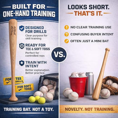 AliBall one Hand bat Trainer, 22" Solid Ash (No Splice) Training bat, Soft Toss & Tee Work, Build Hand Strength & Bat Control, Baseball Training bat, one Hand Training bat