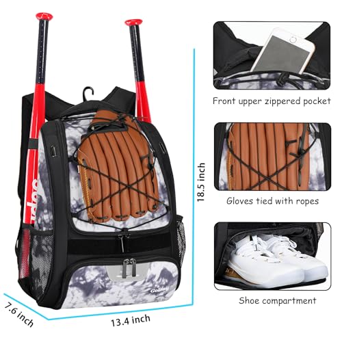 Goloni | Baseball Backpack,Baseball Bag for Adult,Softball Bat Bag with Shoes Compartment,Large Main Compartment for Helmet & accessories, Fence Hook - color: Grey white tie dye