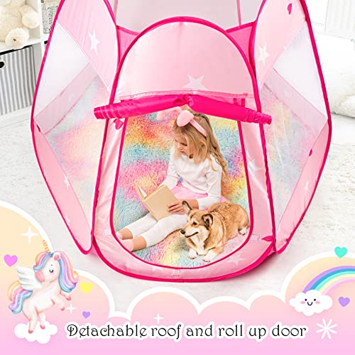 Princess Castle Girls Play Tent with Rainbow Rug Star Lights Pop Up Play Tent for Toddlers Kids DISHIO Playhouse Toys for 1,2,3 Years Birthday Gifts Fairy Girls Tent with Mat Indoor Outdoor Kids Play - style: Tent with rainbow rug/lights