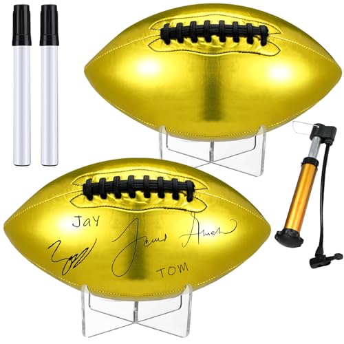 Liliful 2 Pcs Autograph Football Basketball Blank Official Size with 2 Stand 2 Signature Pen 1 Pump for Fantasy Trophy Anniversary Birthday Graduation - size: Size 9, style: Gold Football