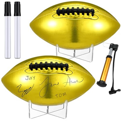 Liliful 2 Pcs Autograph Football Basketball Blank Official Size with 2 Stand 2 Signature Pen 1 Pump for Fantasy Trophy Anniversary Birthday Graduation - size: Size 9, style: Gold Football