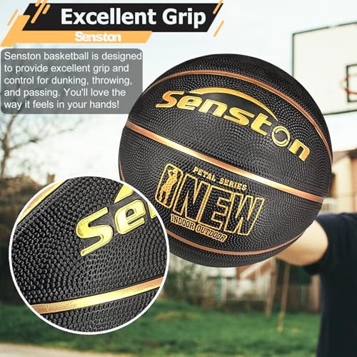 Senston 27.5''/29.5'' Outdoor Basketball Excellent Elasticity/Grip Rubber Basketballs with Pump, Durable Size 5/7 Men Basketball - color: Black/Gold, size: 29.5''(size 7)