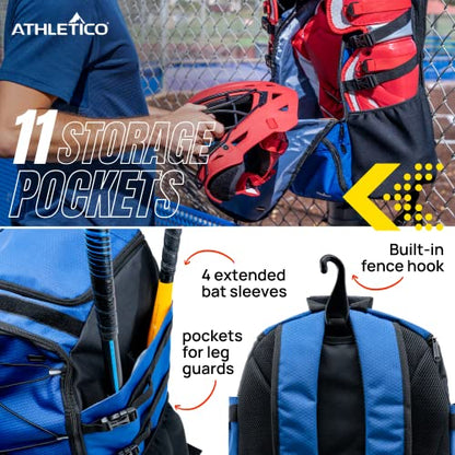 Athletico Dominator Baseball Bag - Softball Bat Bag with Shoes Compartment for Youth, Boys and Adult, Lightweight Baseball Bag with Fence Hook Hold TBall Bat, Batting Mitten, Helmet, Caps, Teeball Gear - color: Blue