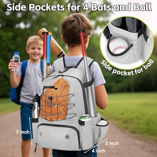 MATEIN Baseball Bat Bag for 4 Bats with Ball Pocket, Lightweight Youth Baseball Backpack with Shoe Compartment, Large Capacity Softball Equipment Bag with Fence Hook for TBall Gear, Helmet, Glove - color: Grey