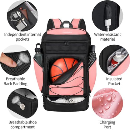 Basketball Backpack Bag Large Sports Bag with Separate Ball holder & Shoes compartment, Best for Basketball, Soccer,Volleyball,Gym - color: Hot Pink
