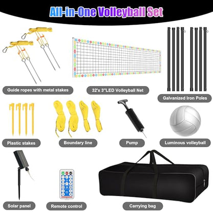 LED Volleyball Net Outdoor, Professional Light Up Volleyball Net with Solar Rope Light, 32x3ft Portable Heavy Duty Volleybal Net Set with Glow in The Dark Volleyball & Carry Bag for Backyard, Beach
