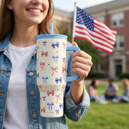 SANDJEST American Flag 40oz Tumbler with Handle and Straw, Insulated Stainless Steel Travel Coffee Mug for Women Girls, Gift Idea for Birthday Christmas 4th of July (Bow) - color: American Flag 1