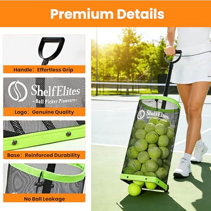 Tennis Ball Hopper with Telescopic Handle - Holds 50+ Tennis Balls or 40+ Pickleballs, Portable Tennis Ball Picker with Quiet Wheels，Built for Hard Courts & Daily Practice