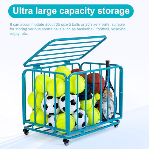 Folding Sports Equipment Organizer Storage Basket with Wheels and Lid Mobile Football Storage Basket for Garage Kindergarten