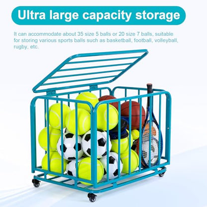 Folding Sports Equipment Organizer Storage Basket with Wheels and Lid Mobile Football Storage Basket for Garage Kindergarten