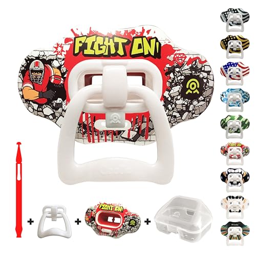 Football Mouth Guard Lip Guard 2-in-1 Transformer Pacifier Football Sports Lip Protector for Adults & Youth USA Flag & Fangs Mouthpiece (Case Included) - color: Fight on