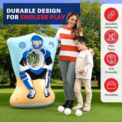 Preferred Toys Inflatable Baseball Pitching Target for Kids 3 and Above - Double-Sided Throwing Toss Game with 4 Soft Balls - Indoor Outdoor Baseball Toys Training Equipment - Red/Blue