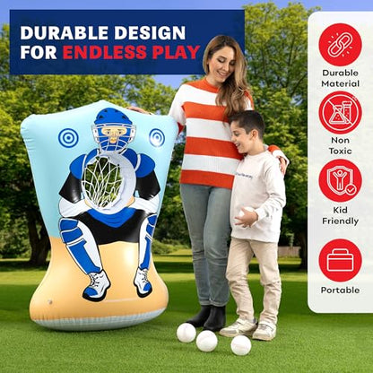 Preferred Toys Inflatable Baseball Pitching Target for Kids 3 and Above - Double-Sided Throwing Toss Game with 4 Soft Balls - Indoor Outdoor Baseball Toys Training Equipment - Red/Blue