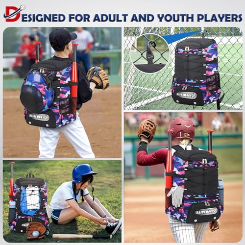 RAINSMORE Baseball Bag for Youth & Adult Lightweight Softball Bat Bag with Shoe Compartment, External Helmet Holder and Fence Hook Waterproof Baseball Backpack Hold T-Ball, Bat and Softball Equipment - color: Pink Camouflage