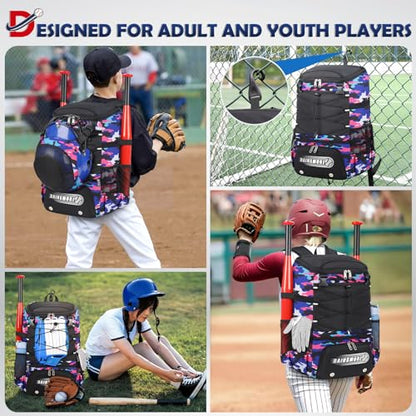 RAINSMORE Baseball Bag for Youth & Adult Lightweight Softball Bat Bag with Shoe Compartment, External Helmet Holder and Fence Hook Waterproof Baseball Backpack Hold T-Ball, Bat and Softball Equipment - color: Pink Camouflage