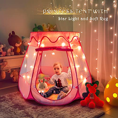 Princess Castle Girls Play Tent with Rainbow Rug Star Lights Pop Up Play Tent for Toddlers Kids DISHIO Playhouse Toys for 1,2,3 Years Birthday Gifts Fairy Girls Tent with Mat Indoor Outdoor Kids Play - style: Tent with rainbow rug/lights
